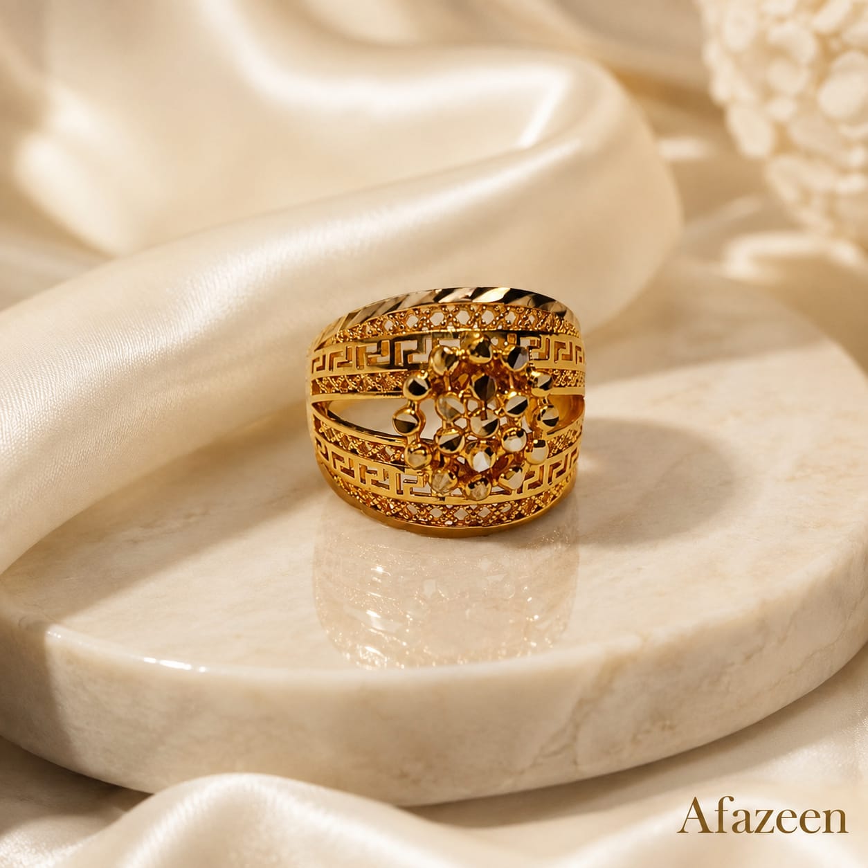 Afazeen Luxe Greek Key Gold Band Ring