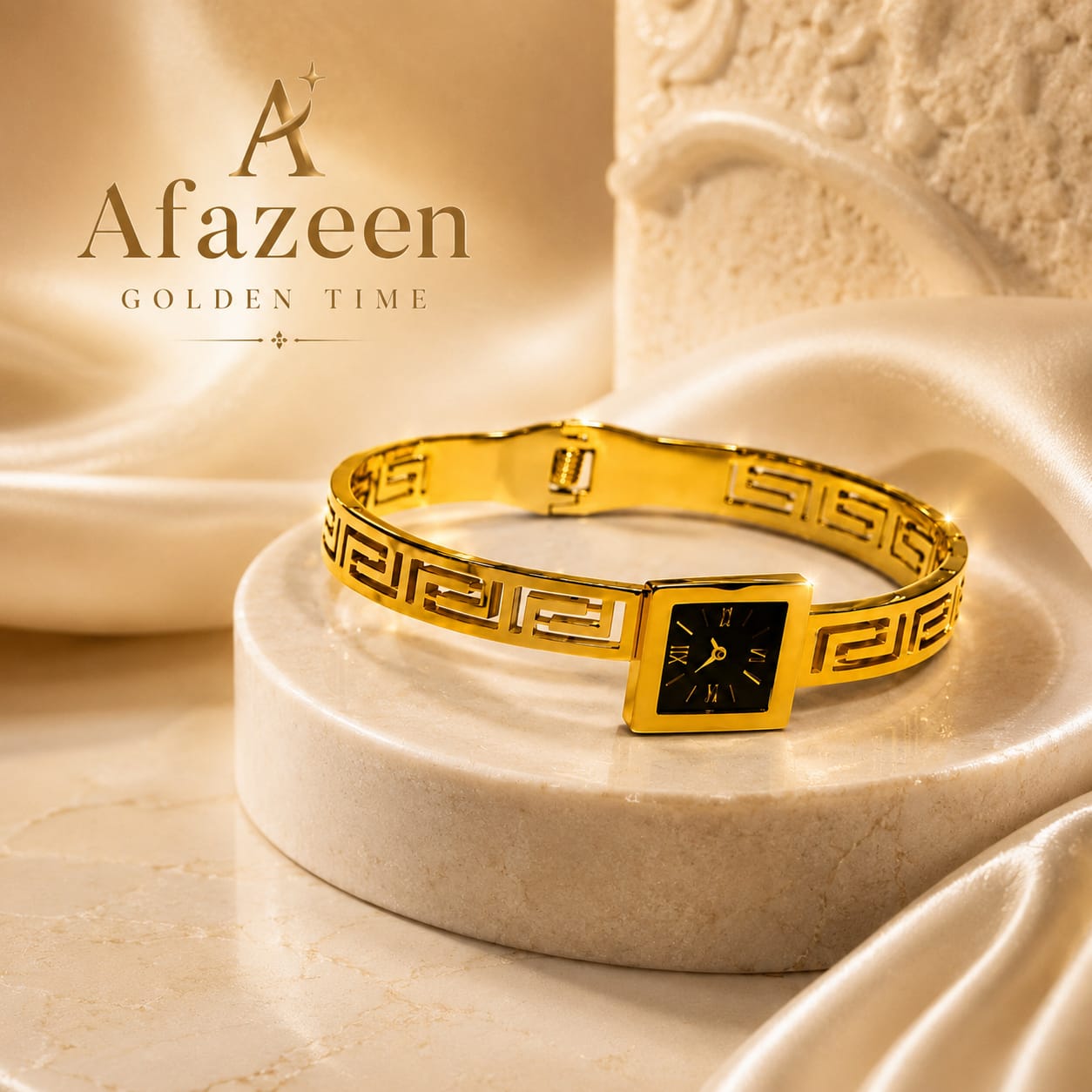 Afazeen Luxe Greek Key Black Dial Bracelet Watch