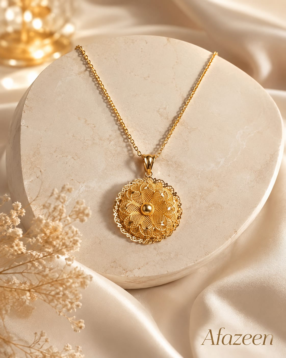 Afazeen Luxe Golden Filigree Floral Pendant Necklace
