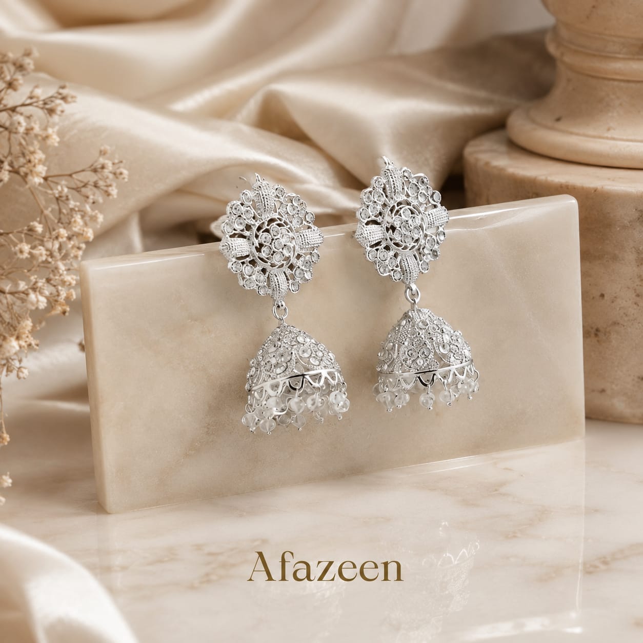 Silver Floral Jhumka Earrings